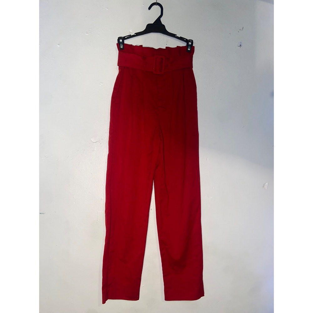 H&M Red Paperbag High Waist Belted Straight Leg Trousers Preppy Classic Corpcore